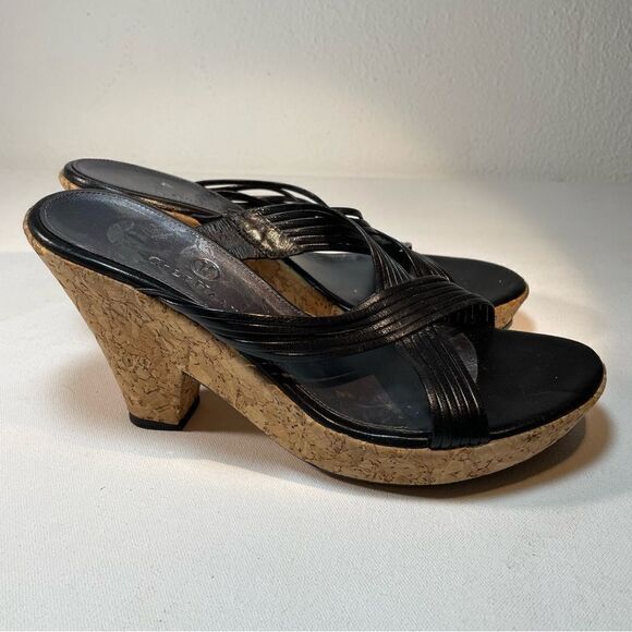Cole Haan Cork Platform Sandals Chunky High Heel Open Toe Leather Black US 7.5 - Picture 3 of 8